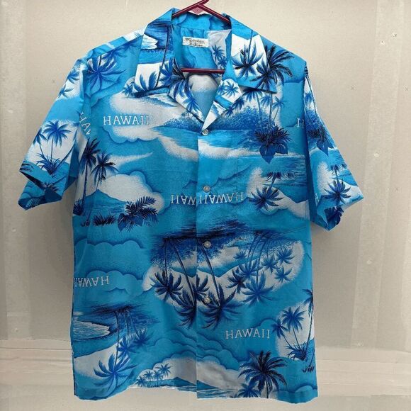 Hookano Vintage 60s Silk Hawaiian Shirt Palm Trees & Hawaii All Over Size L - Picture 1 of 7